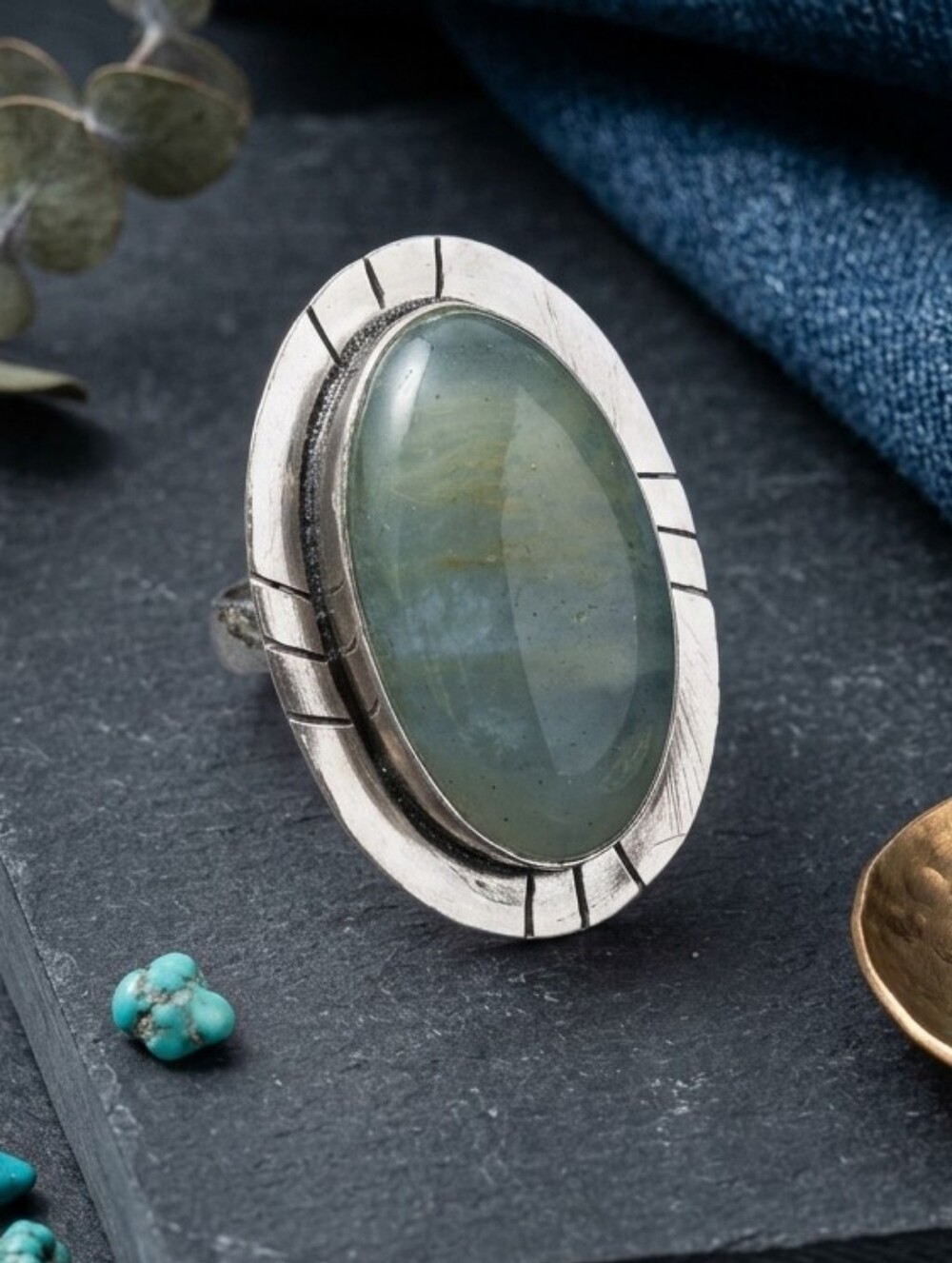 Sterling Silver 925 Genuine Aquamarine Statement Ring Boho Artisan Oval Sz 8.75